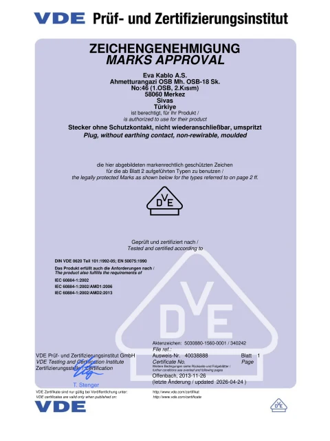 EVA 01 Type C fiş için VDE sertifikası