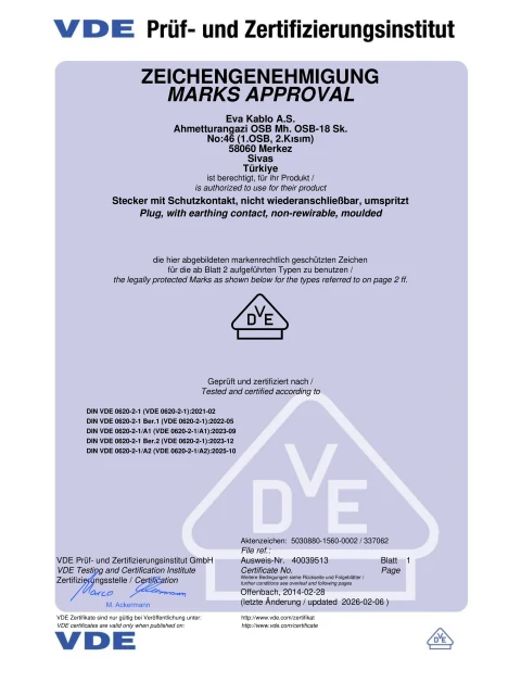 EVA 04 Type E fiş için VDE sertifikası