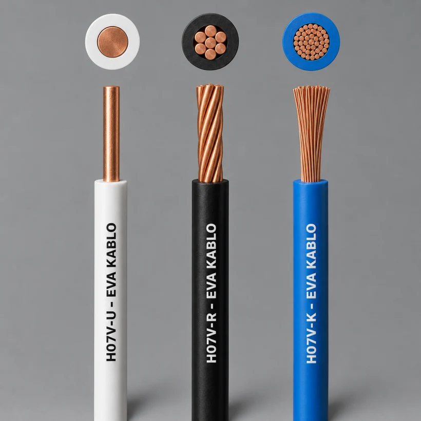 Comparaison de la structure des conducteurs des câbles H07V-U, H07V-R et H07V-K à isolation PVC 450/750 V
